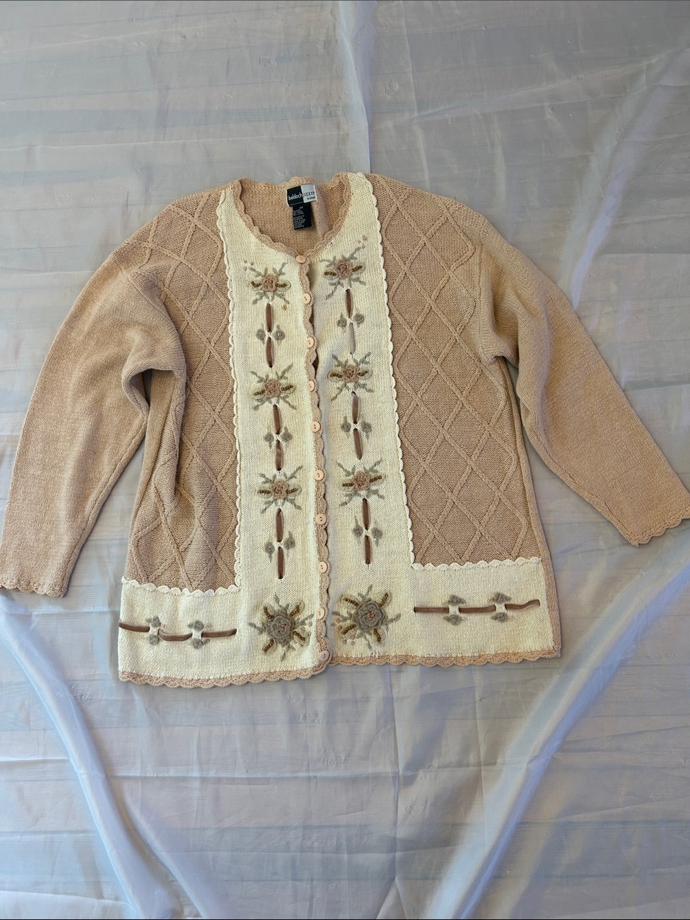 Vintage Embroidered Cream & Tan Floral Knit Cardigan Sweater